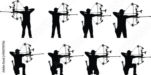 archery, archer, silhouettes, bow, arrow, target, aiming, shooting, sport, hunting, practice, accuracy, focus, competition, stance, black, isolated, set, collection, vector