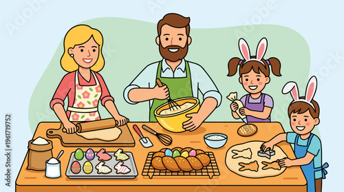 Mother and children baking traditional Easter bread modern flat vector design