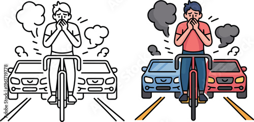Cyclist traffic pollution impact outline and color comparison vector