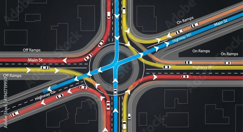 Detailed Roundabout Intersection Diagram with Traffic Flow Visualization.