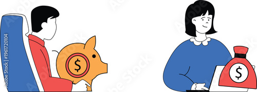 A person saving money in piggy bank while another manages finances on laptop nearby joyfully