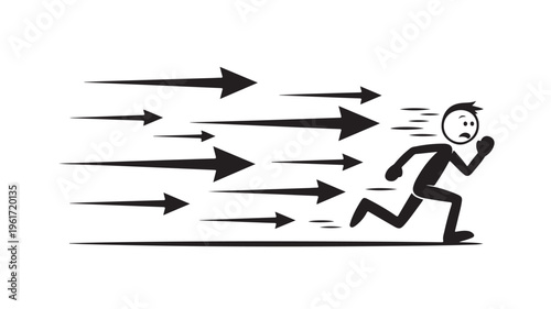 Stick figure man running from multiple arrows for stress and pressure concept