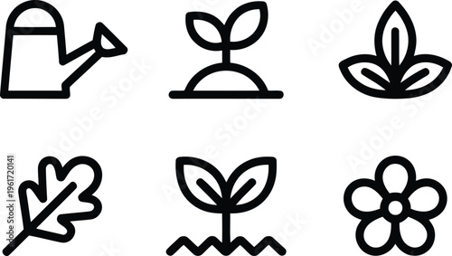 Six delicate outline icons illustrating plant development and essential garden items