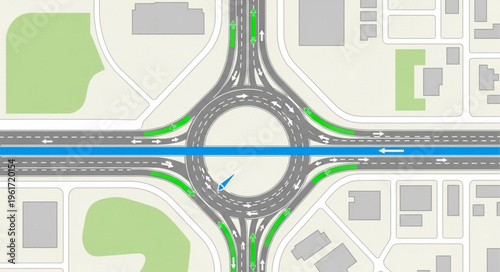 Aerial View of a Complex Roundabout Intersection with Multiple Lanes.