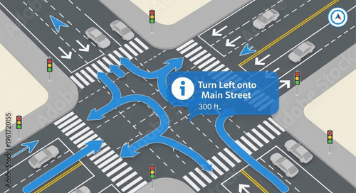 Navigation App Interface Displaying Turn Instructions at Intersection.