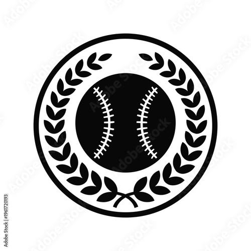 Baseball emblem vector with laurel wreath in black and white for sports logo or badge design