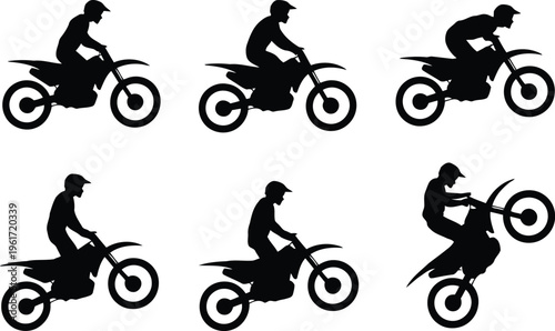 Six diverse black silhouettes display motocross riders in various dynamic riding and stunt poses on dirt bikes