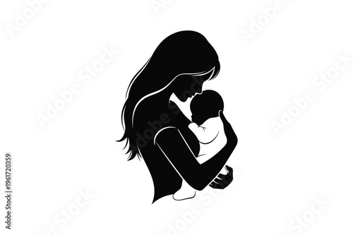 Mother Holding Newborn Baby Silhouette Love Care Parenting Motherhood Minimalist Vector Illustration