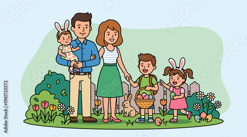 Family celebrating baby first Easter with gift basket minimalist flat vector art