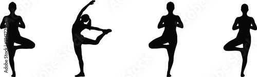 Yoga Poses Silhouette Set Female Exercise Balance Tree Pose Healthy Wellness Vector Design