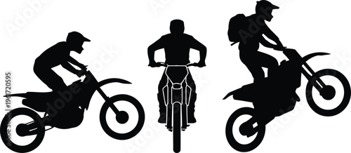 Three striking black silhouettes depict motocross riders performing daring maneuvers on their robust dirt bikes