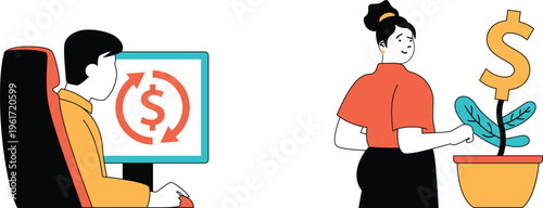 A person investing money online while another waters a growing plant symbolizing financial growth and care