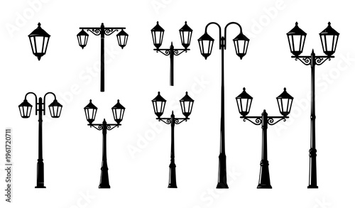 Vintage street lamp vector silhouettes classic exterior lighting collection
