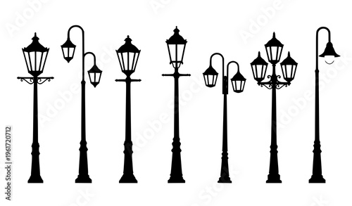 Vintage street lamp silhouettes vector set classic urban lighting fixtures