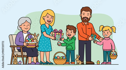 Grandmother giving surprise Easter gift to grandson modern minimalist flat vector illustration