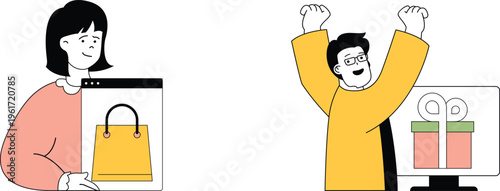 Two people celebrating successful online shopping and receiving gifts with joyful expressions and shopping icons