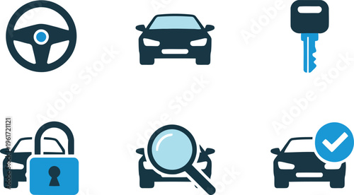 User friendly icons illustrating important car functions and related processes on white background