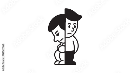Cartoon Man with Two Faces Hiding and Revealing Emotions on White Background For Mental Health Concepts