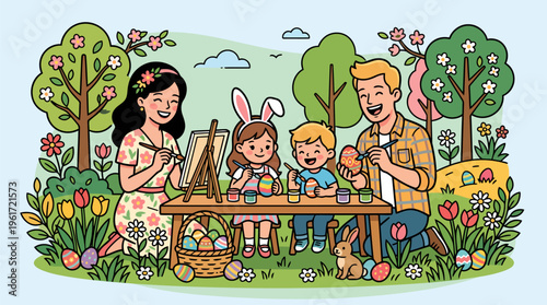 Children painting Easter canvas on easel in spring park minimalist flat vector illustration