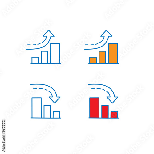 Business growth and decline bar chart vector icon set with up and down arrows
