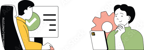 Two individuals contemplating tasks on laptops with different approaches to problem-solving and checklist usage