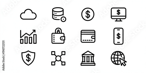 A collection of twelve minimalist black line art icons representing finance and digital technology Vector