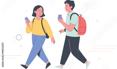 Flat vector illustration of young students walking with backpacks while using smartphones for education and digital lifestyle concepts.