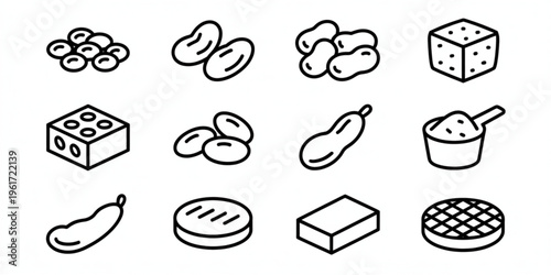 A collection of various food icons representing different ingredients and culinary product forms Vector