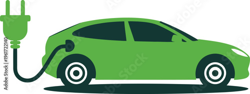 Vibrant green electric car hooked up to a black charging cable and plug on white