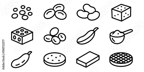 Set of twelve black and white line art icons representing various food and raw ingredient items Vector
