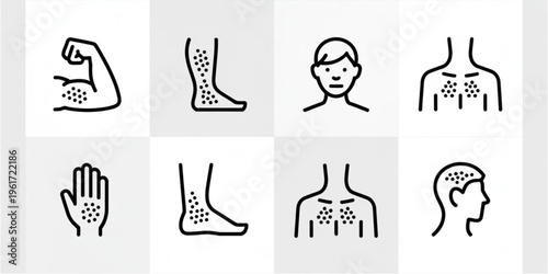 A collection of medical line icons representing various human skin rash and body irritation areas Vector