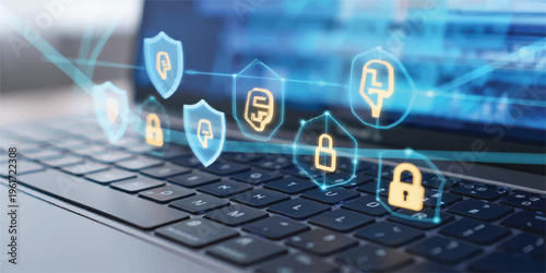 Close-up of a laptop keyboard with glowing digital security icons, including shields and locks, representing online safety, data protection