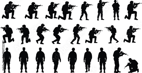 military, soldier, silhouettes, armed, rifle, combat, army, tactical, pose, action, uniform, weapon, security, defense, infantry, war, training, black, isolated, set