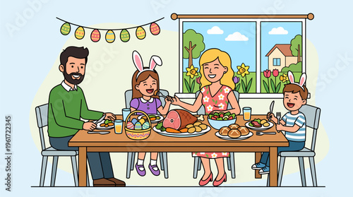 Happy family eating traditional roasted ham for Easter lunch modern minimalist art style