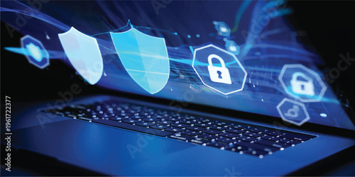 Digital security concept with shields and locks in a glowing blue network on a laptop, illustrating data protection and safety, online safety