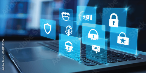 Digital security concept: laptop with glowing icons representing cyber security and data protection in a blue tone with internet security