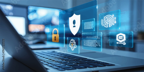 Online data security: laptop screen displays cyber protection icons, blue digital network theme, digital safety