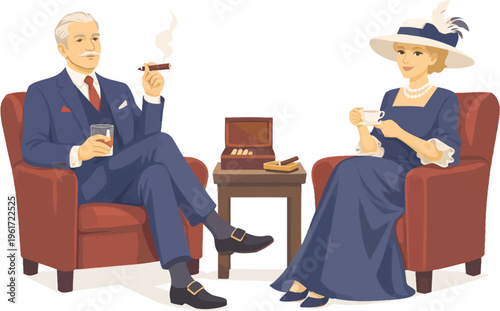 076-22-Elegant couple sitting in armchairs, man smoking cigar and woman drinking tea