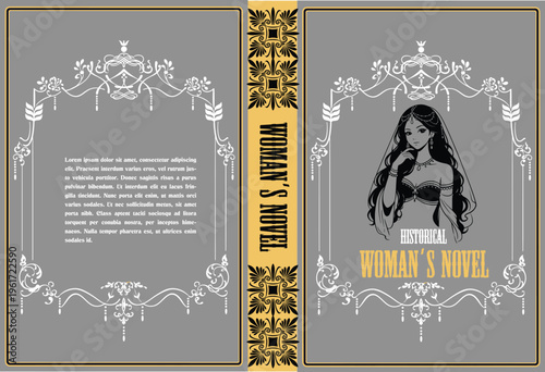 076-24-Woman's novel book cover design featuring a vintage ornament border and anime girl portrait