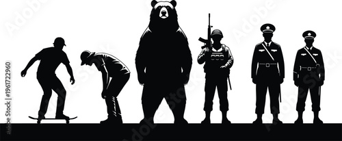 silhouette, comparison, size, bear, human, soldier, police, skateboarder, people, scale, contrast, height, perspective, concept, illustration, isolated, background, black, figures, collection