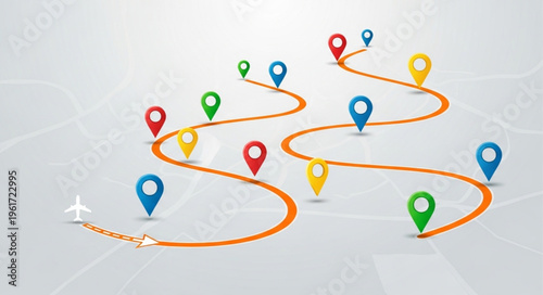 Journey Route with Colorful Location Pins and Orange Path.
