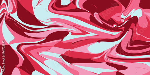 Abstract pink and red fluid swirl pattern with light blue accents, dynamic flowing waves digital art fluid acrylic paint texture with liquid marble wavy shapes for modern graphic design background. 
