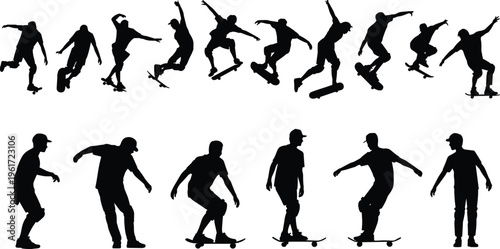 skateboarding, silhouette, skateboarder, tricks, action, sport, urban, street, motion, jump, ollie, extreme, athlete, dynamic, vector, illustration, activity, outdoor, performance, youth