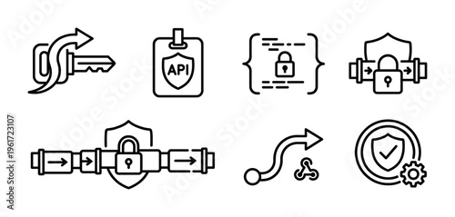A set of thin line icons for API security and data protection. Concepts include authentication, encryption, and secure connection. Perfect for tech websites and app development.