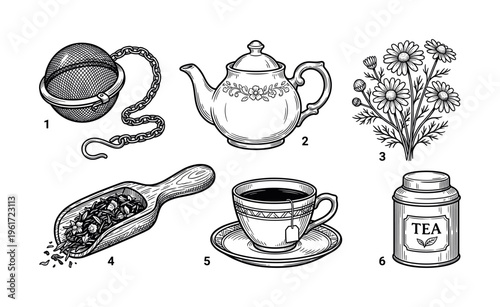 A set of vintage tea icons in a hand-drawn engraved style. Includes teapot, cup, chamomile, and accessories. Perfect for cafe menus, packaging, and branding.