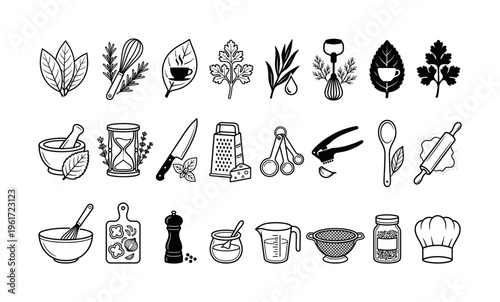 A collection of black and white cooking icons. Includes kitchen utensils, herbs, and spices. Perfect for menus, recipes, culinary websites, and food blogs.