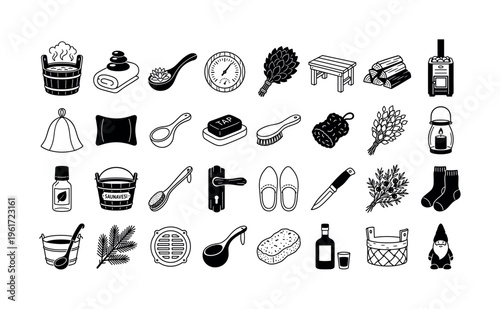 Collection of sauna and spa vector icons. Minimalist glyphs for wellness, health, and relaxation concepts. Perfect for web design, logos, and print materials.