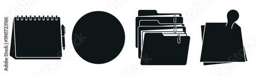 Collection of black office and business vector icons. Simple silhouettes of a notepad, file folders, and sticky notes. Ideal for modern UI, web design and corporate graphics.