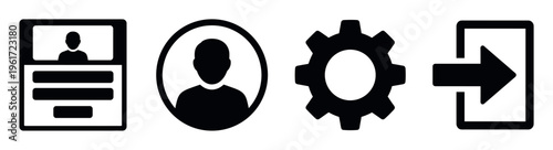 Set of four black glyph icons for user account management: profile, settings, and login/logout. Essential vector symbols for UI/UX web and app design.