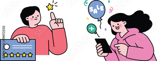 Two people excitedly engaging with shopping deals and product ratings on their devices happily